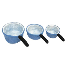 3 felted saucepans on a white background