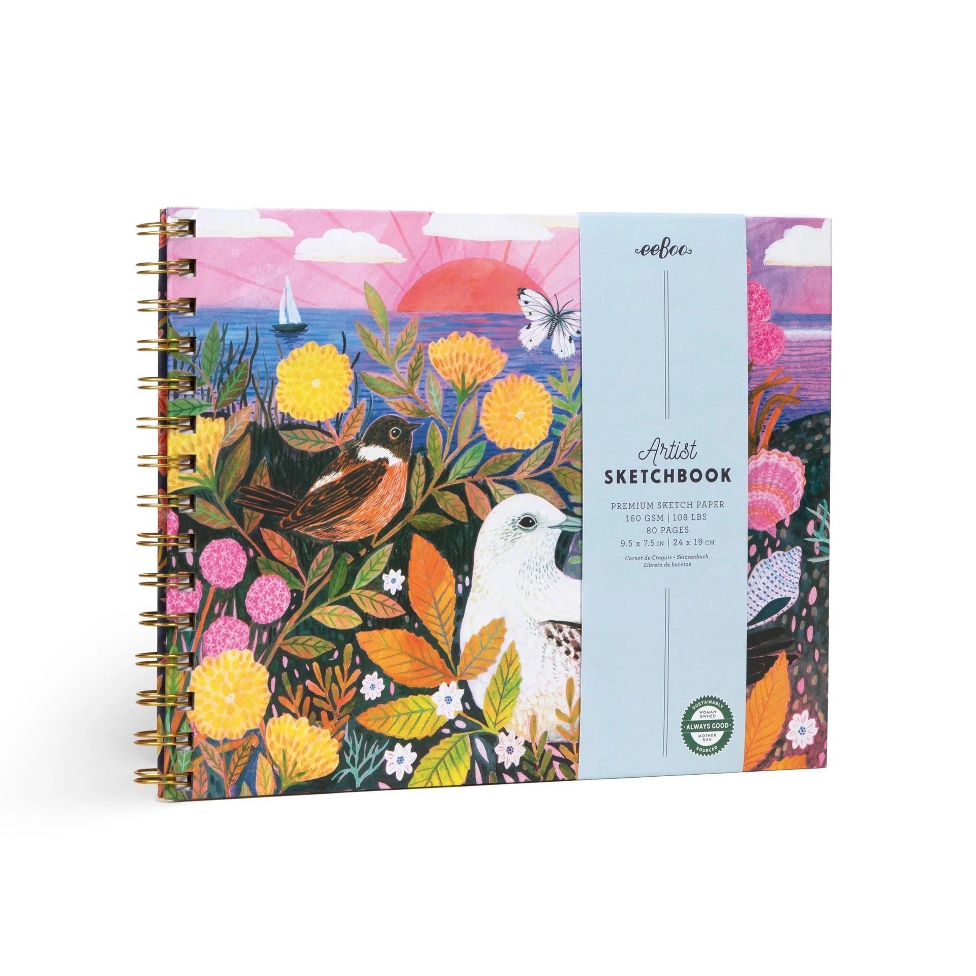 Sketchbook with artistic cover featuring birds and flowers, brand 'eeBoo' visible