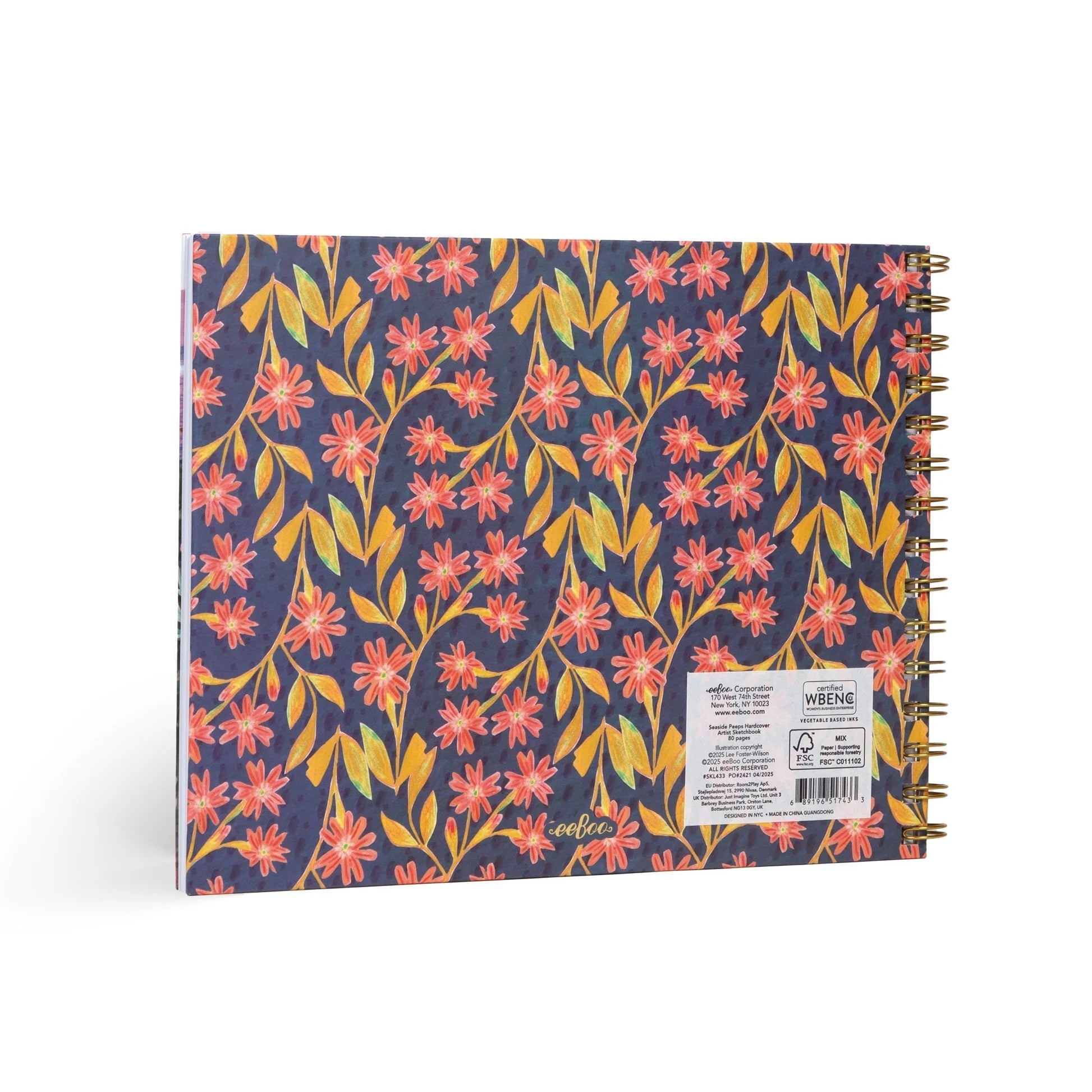 Floral patterned notebook with visible brand label on a white background