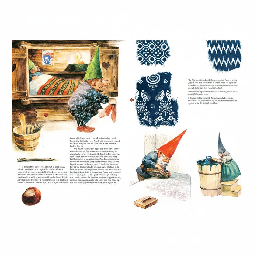 Illustrated book page with a gnome character and decorative patterns.