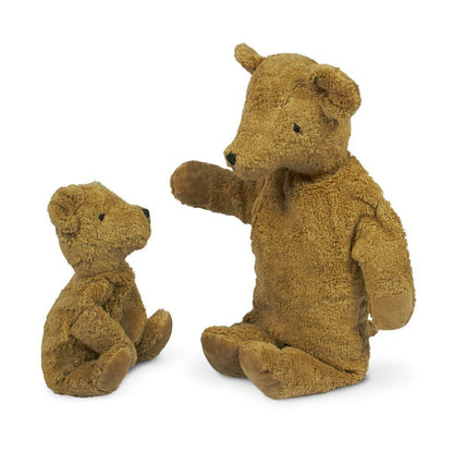 Two beige Senger cuddly teddy bears on a white background