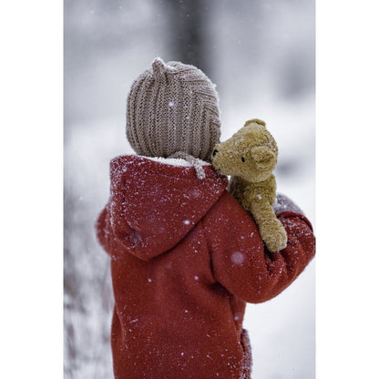 Person in a red coat and beige hat holding a Senger beige teddy bear  in a snowy setting