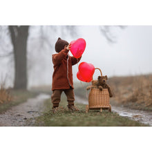 Child in brown coat and hat holding red balloons with a Brown Senger teddy bear in a basket on a foggy path.