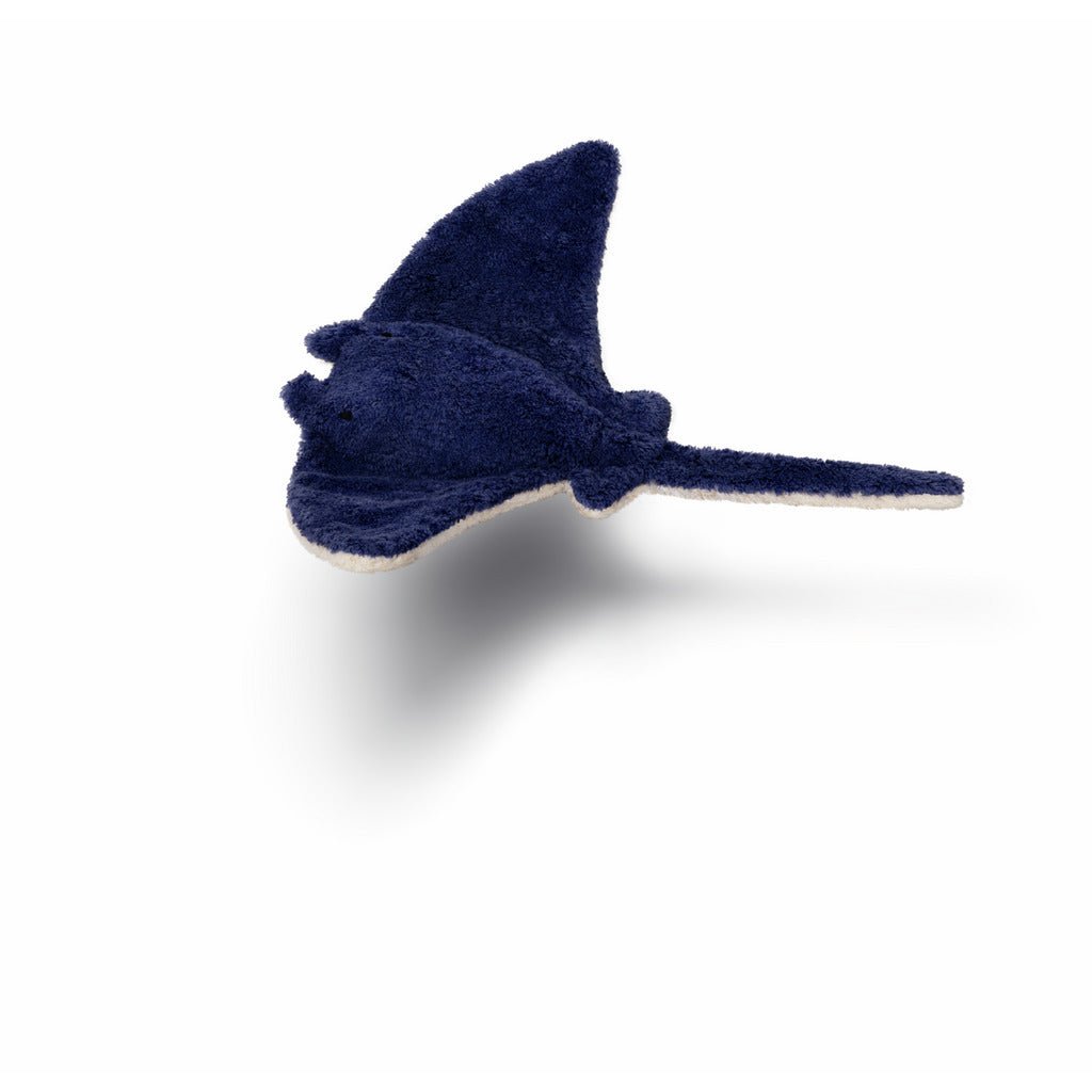 Navy blue manta ray stuffed animal on a white background