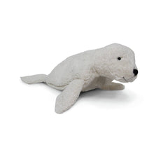 White plush toy seal on a white background