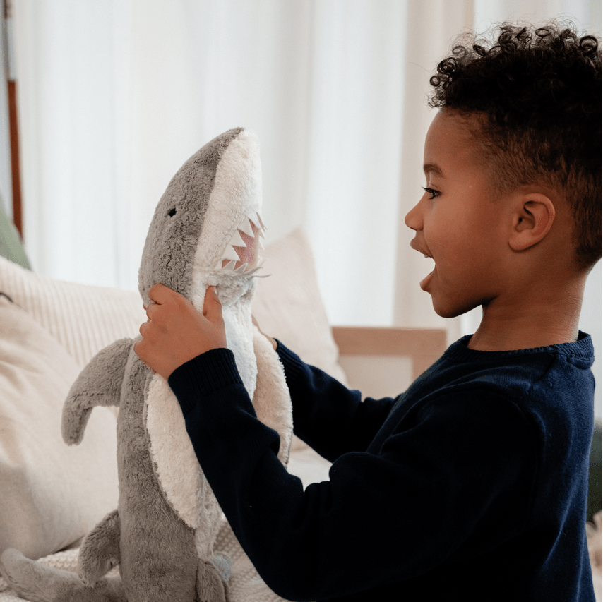 Child holding a shark plush toy in a cozy living room setting