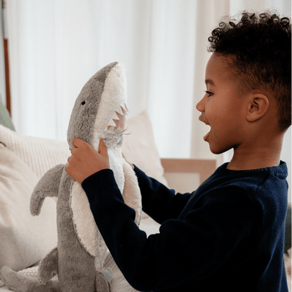 Child holding a shark plush toy in a cozy living room setting