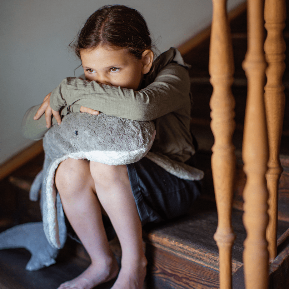 Child sitting on a staircase holding a plush shark toy