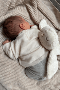 Newborn baby in a white outfit with a white stuffed owl on a soft surface