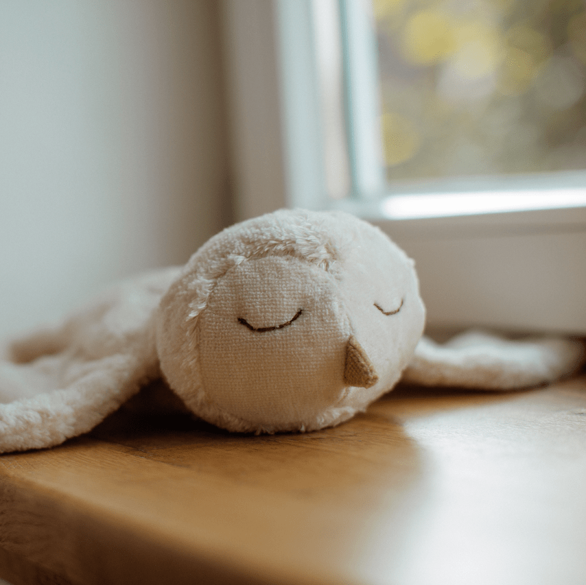 White stuffed owl toy loud on a window sill with a blurred window in the background