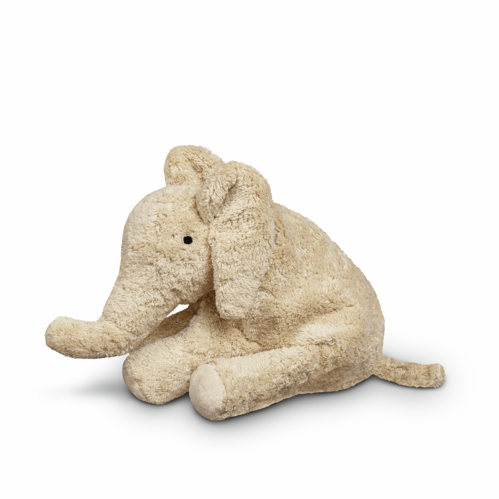 Linen-colored plush elephant toy on a white background