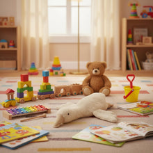 Linen colored plush goose in a play area setting.