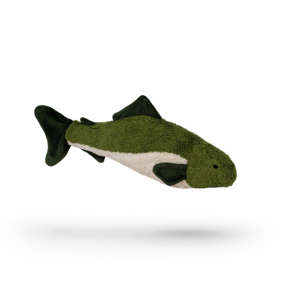 Green and white fish stuffed animal on a white background.