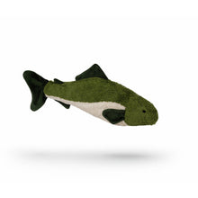 Green and white fish stuffed animal on a white background.