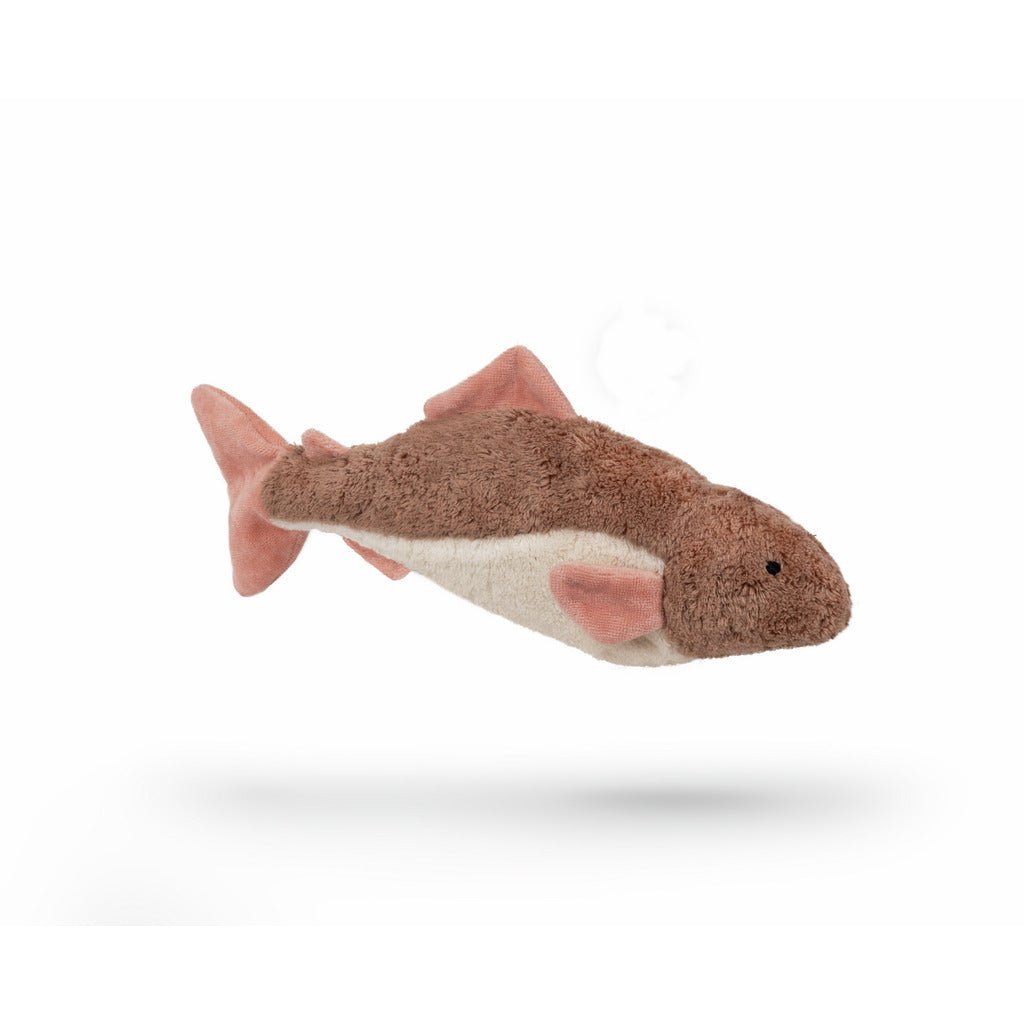 Pink and white fish-shaped stuffed animal on a white background