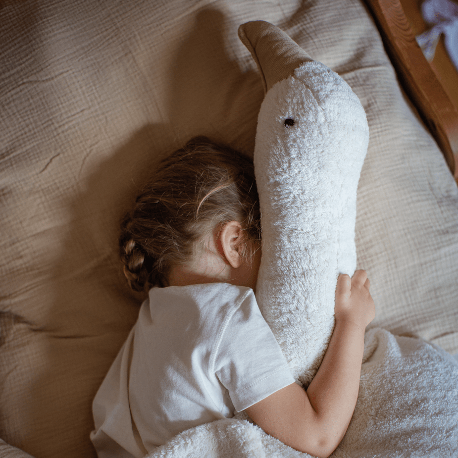 Child sleeping in a bed with a large white stuffed goose