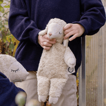 Child holding a plush sheep toy outdoors