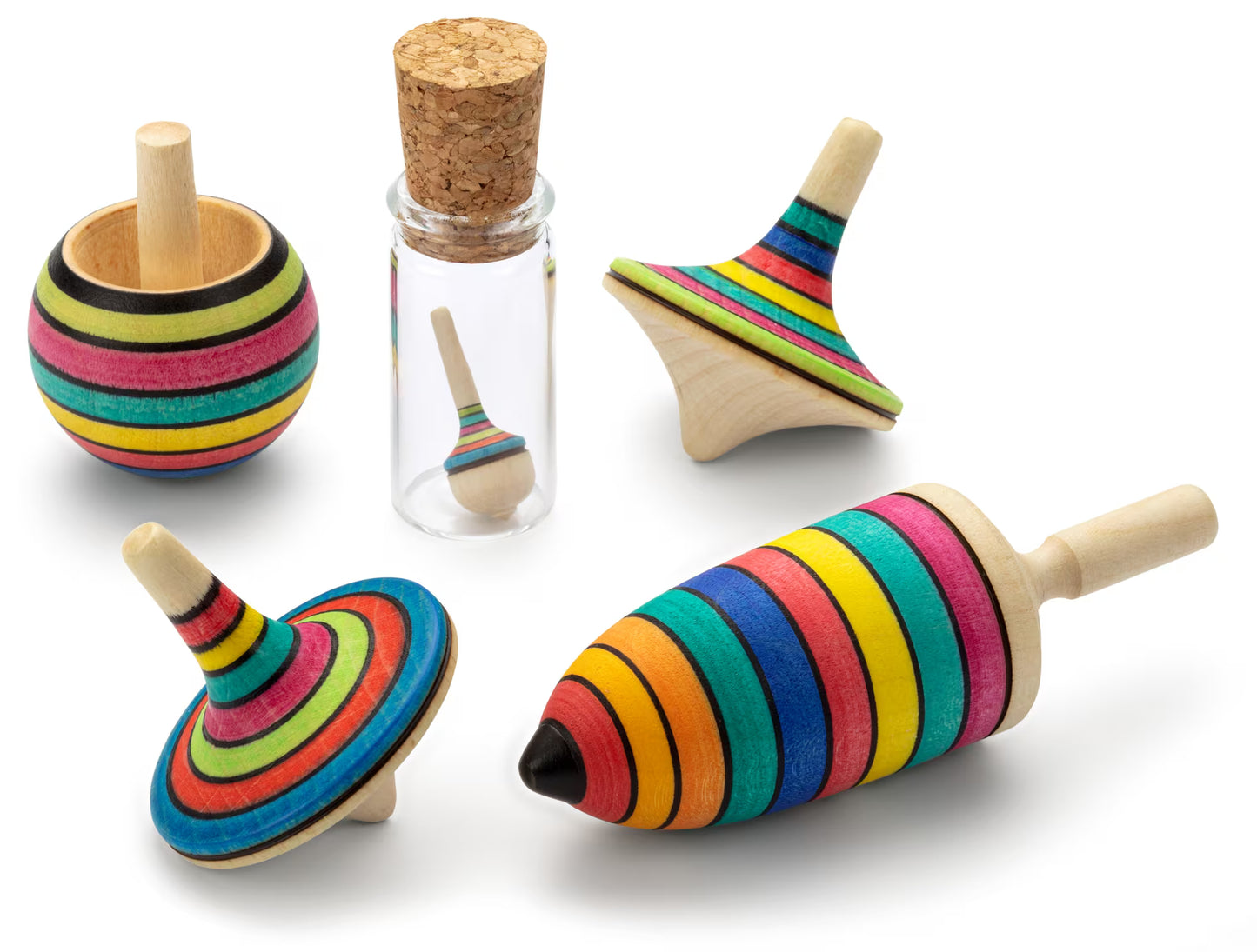 Colorful wooden spinning tops of various shapes and sizes on a white background