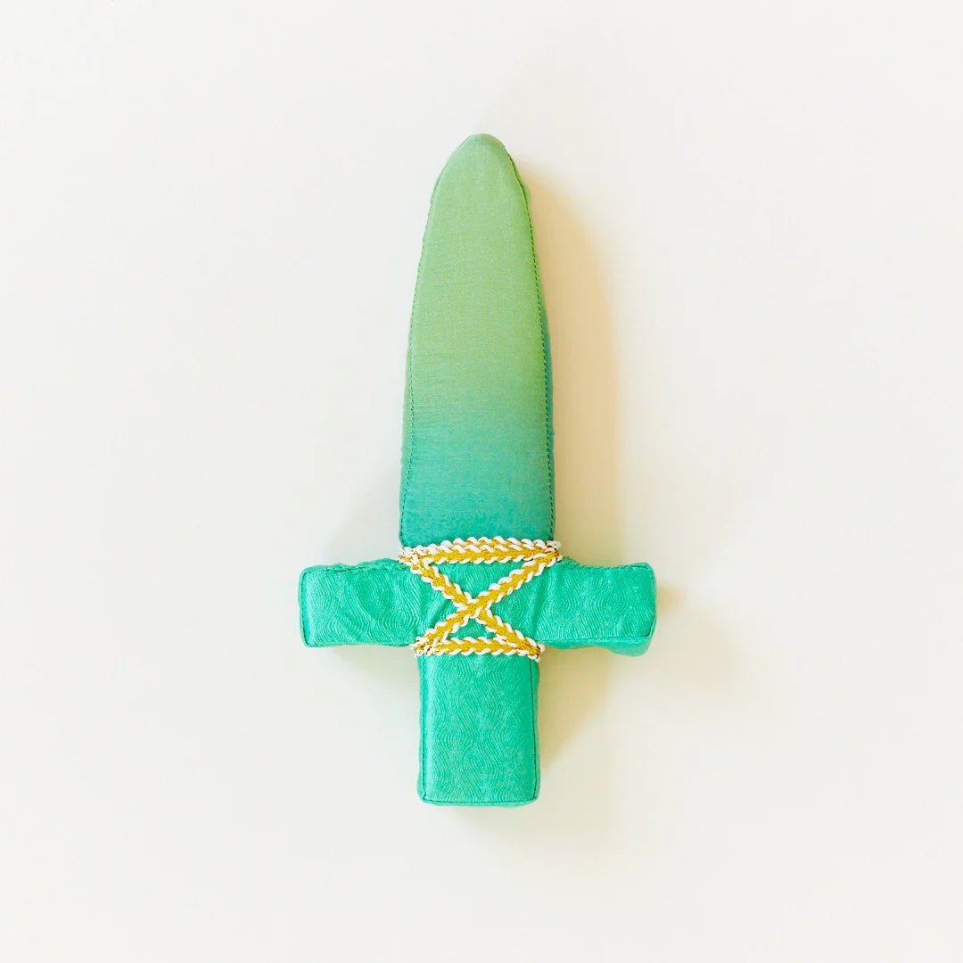 Green silk dagger with gold trim on a white background