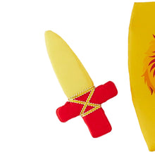 Red silk dagger with yellow blade and yellow silk shield with red, orange, and yellow lion head on a white background