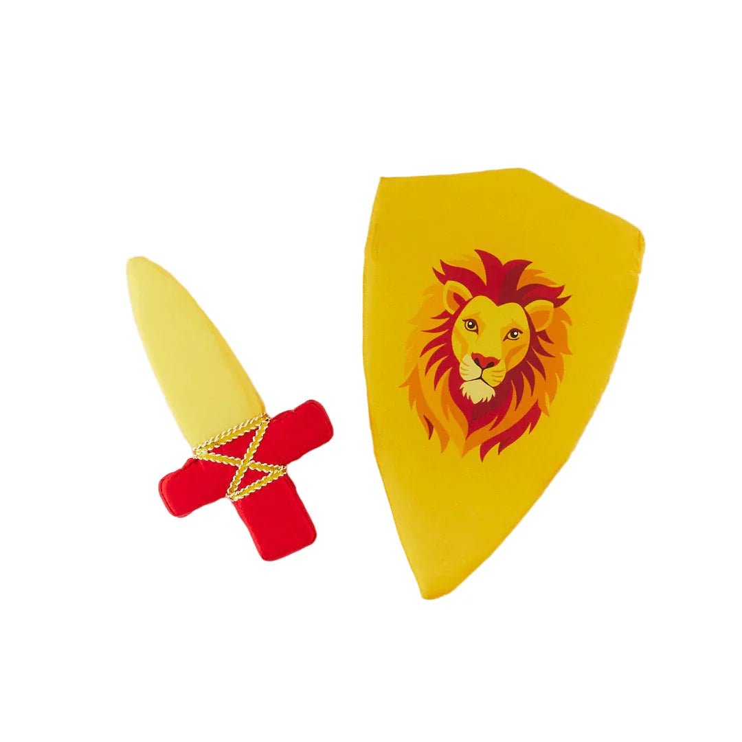 Red silk dagger with yellow blade and yellow silk shield with red, orange, and yellow lion head on a white background