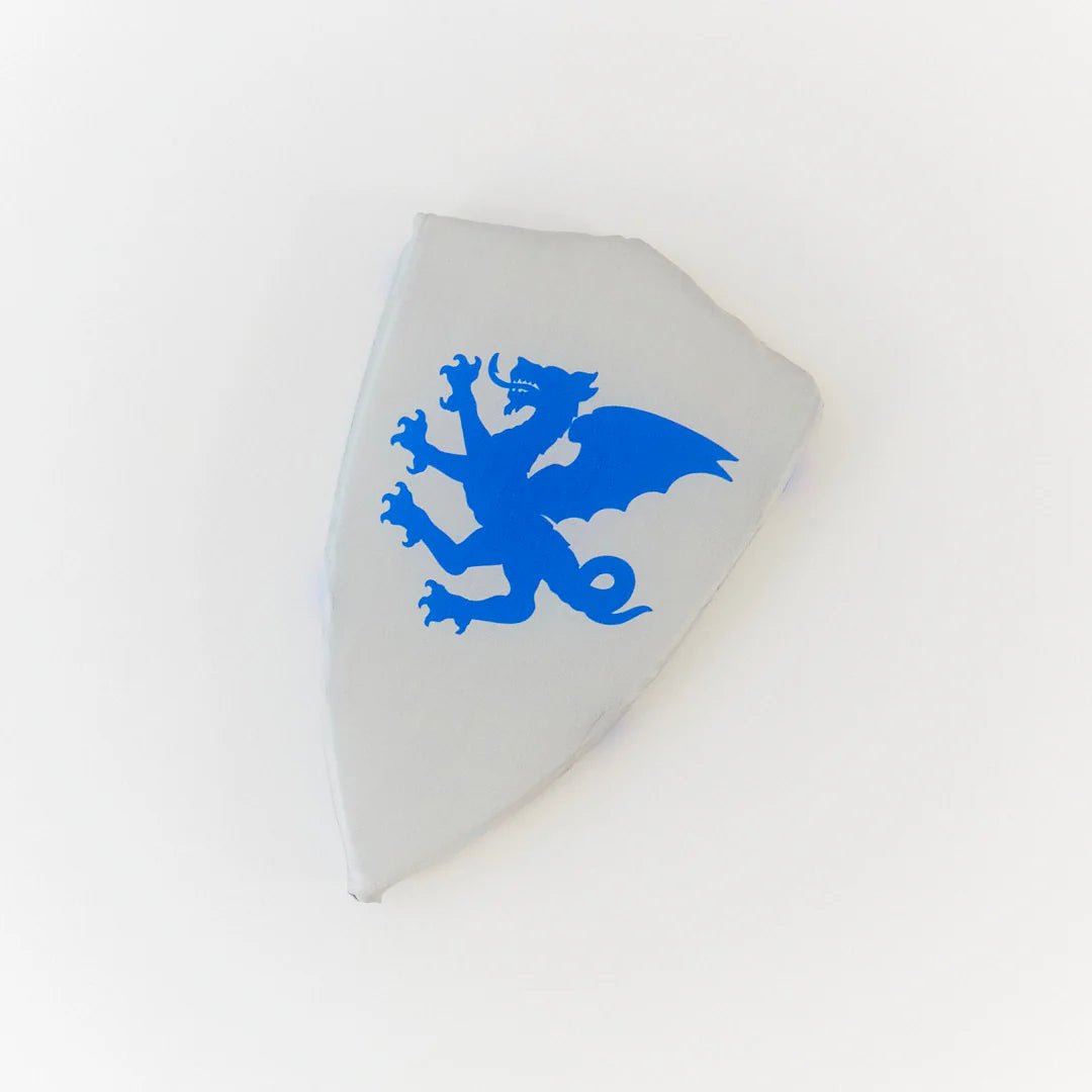 Gray silk shield with blue dragon on a white background