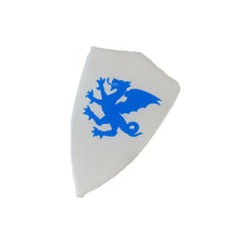 Gray silk shield with blue dragon on a white background