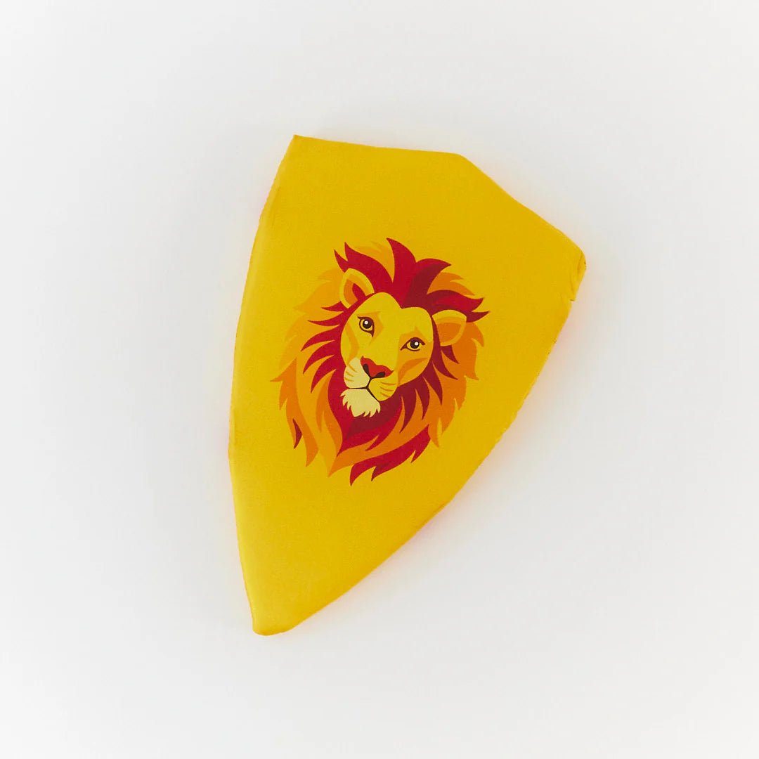 Yellow silk shield with lion head on a white background