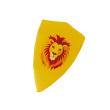 Yellow silk shield with lion head on a white background