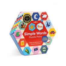Hexagonal children's puzzle pairs game box with colorful design and text on a white background