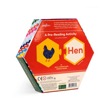 Hexagonal educational puzzle packaging with a chicken illustration and text on a white background