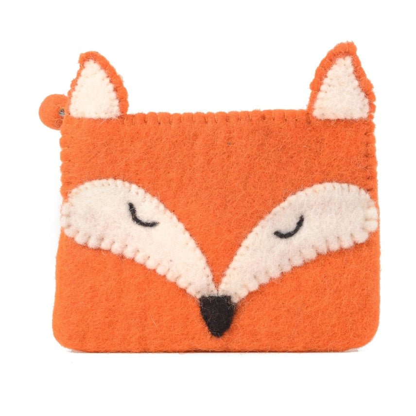 Felt fox pouch with orange face and white accents on a white background