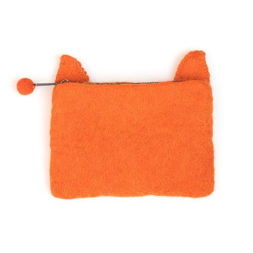Back view of orange fox coin pouch with ears on a white background