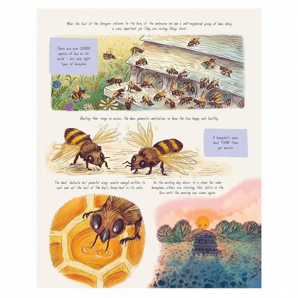 An illustrated educational poster about bees, featuring multiple hand-drawn panels of bees at work, with text boxes and a soft pastel background.