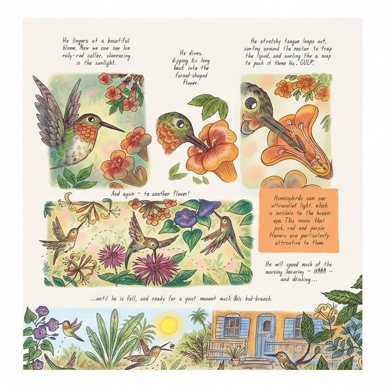 A vintage-style illustrated book page featuring multiple watercolor-style drawings of hummingbirds, flowers, leaves, and small text blocks on an off-white background.