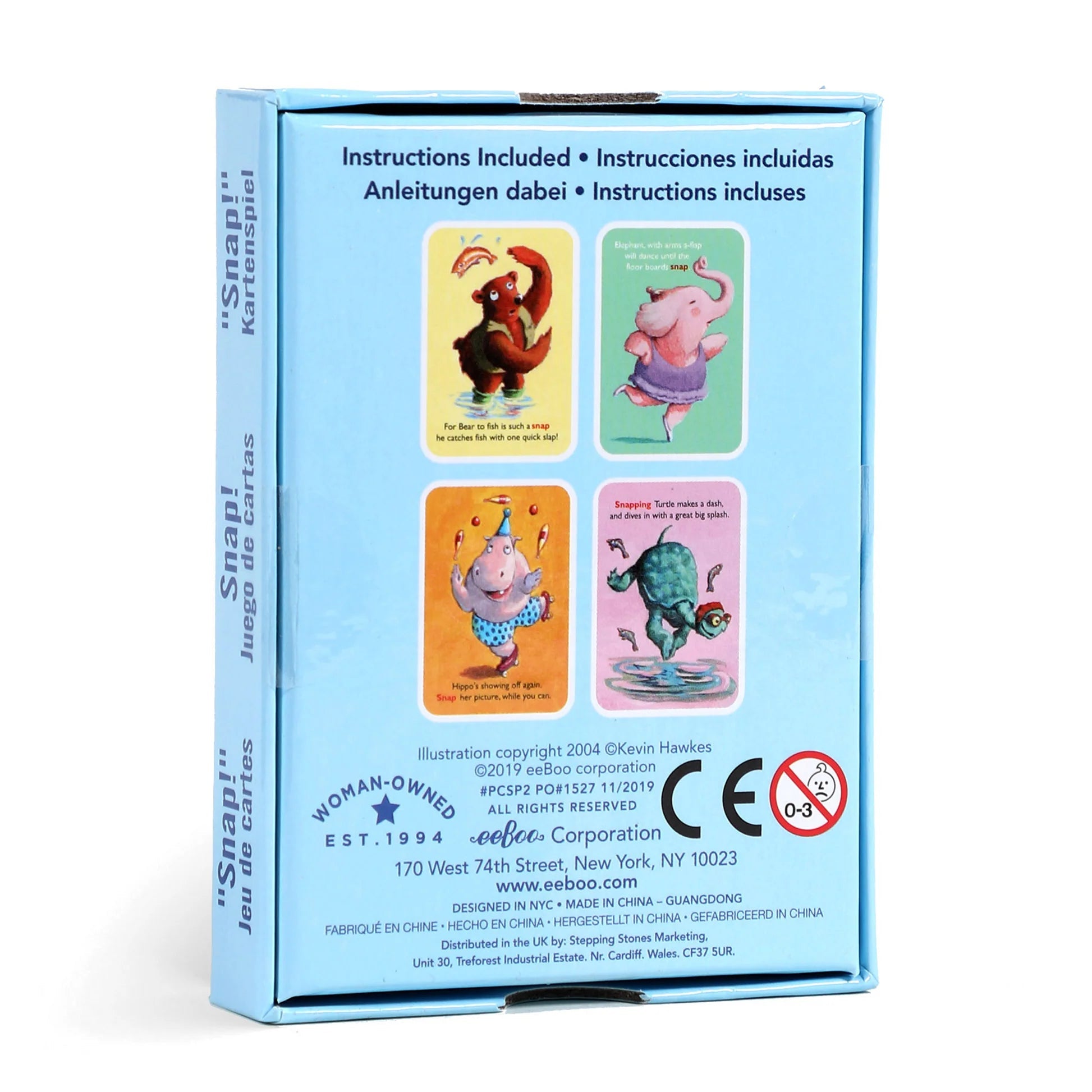 Card game packaging with cartoon characters on a light blue background