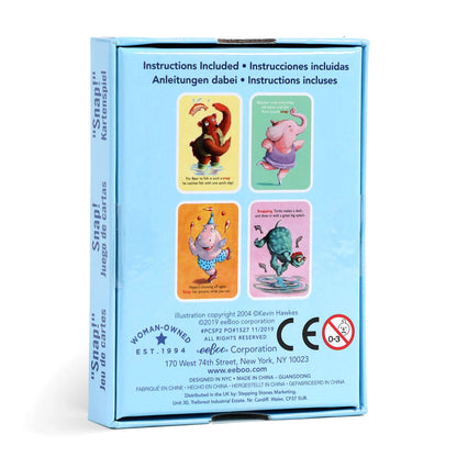 Card game packaging with cartoon characters on a light blue background