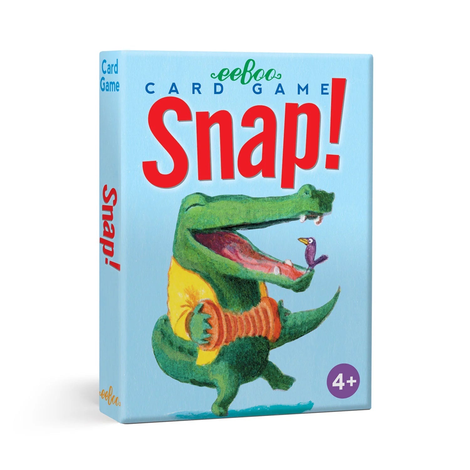Card game box for 'Snap!' with a cartoon alligator on a light blue background