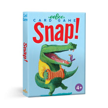 Card game box for 'Snap!' with a cartoon alligator on a light blue background