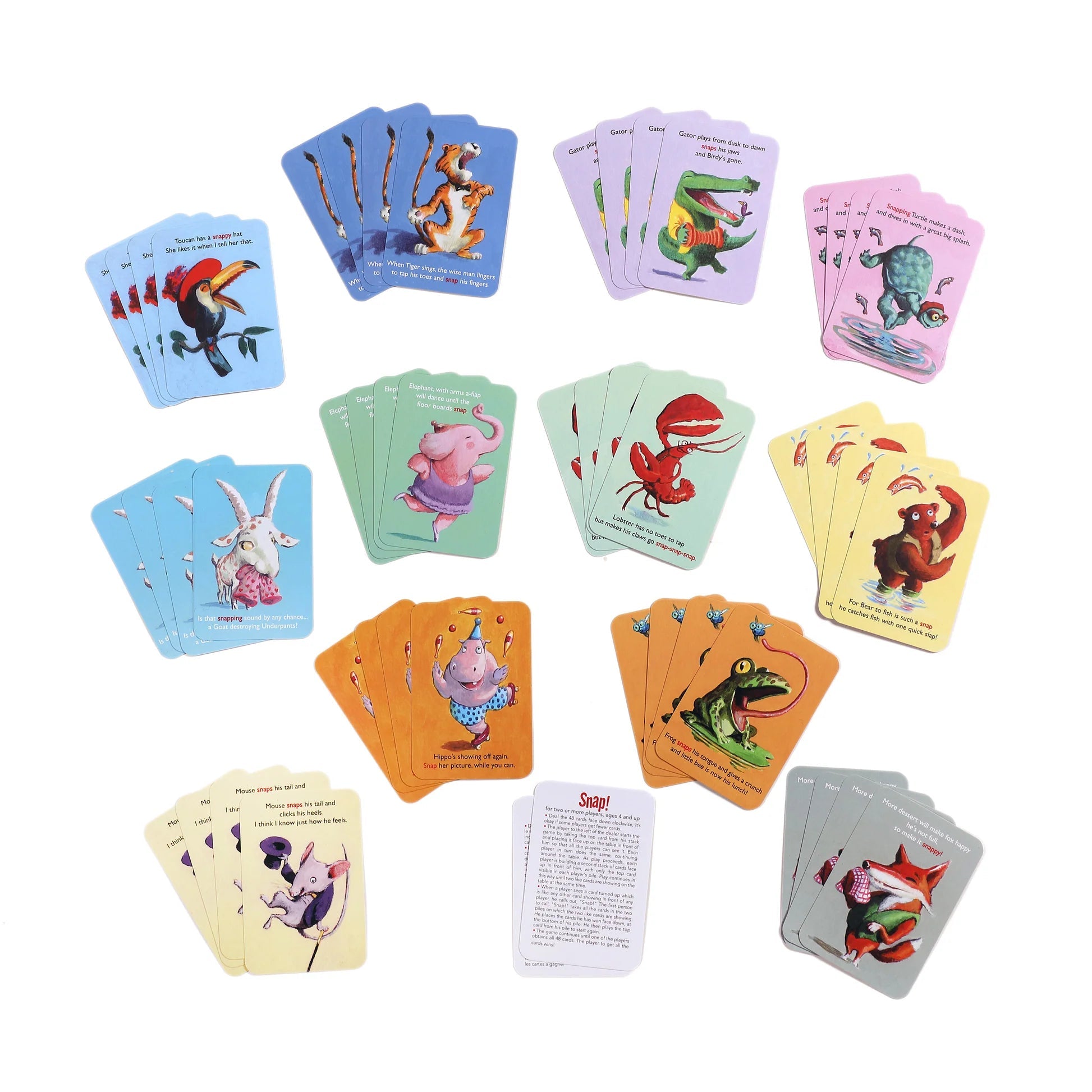 Collection of colorful children's cards with cartoon characters on a white background