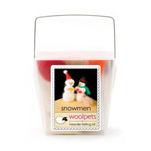 Frosted plastic box containing materials to make needle felted snowmen on a white background