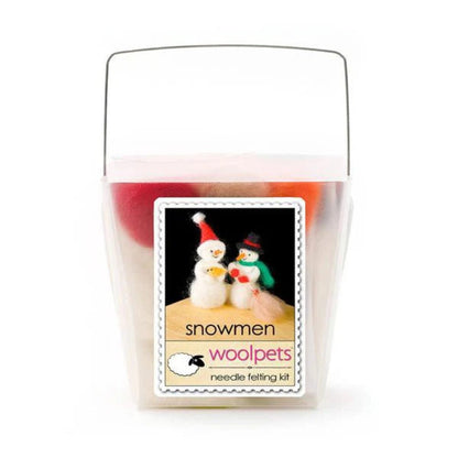 Frosted plastic box containing materials to make needle felted snowmen on a white background