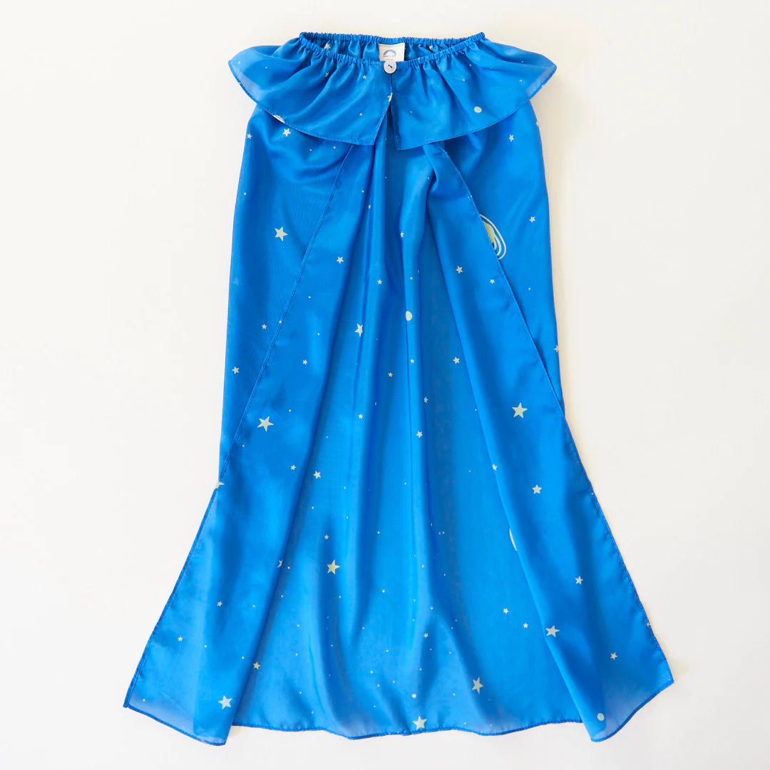 Blue silk cape with star pattern on a white background