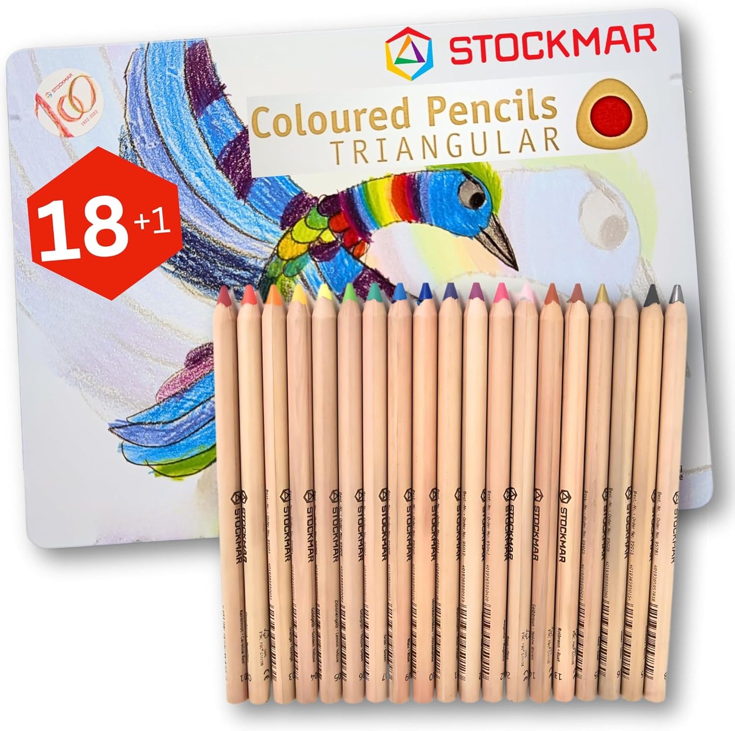 Stockmar tin of 19 triangular colored pencils on a white background