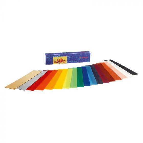 Stockmar box of 18 wax sheets in different colors on a white background