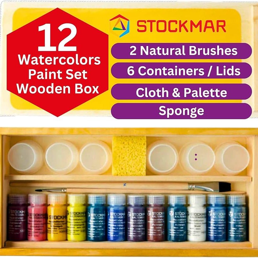Stockmar watercolors paint set with wooden box, brushes, containers, cloth, palette, and sponge.