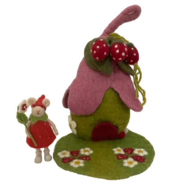 Felt strawberry mouse doll next to a felt strawberry house on a white background