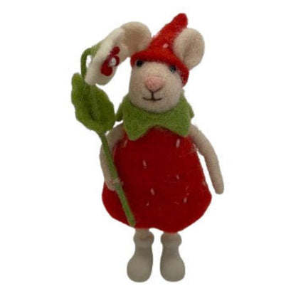 Felt white mouse wearing a strawberry dress and holding a flower on a white background