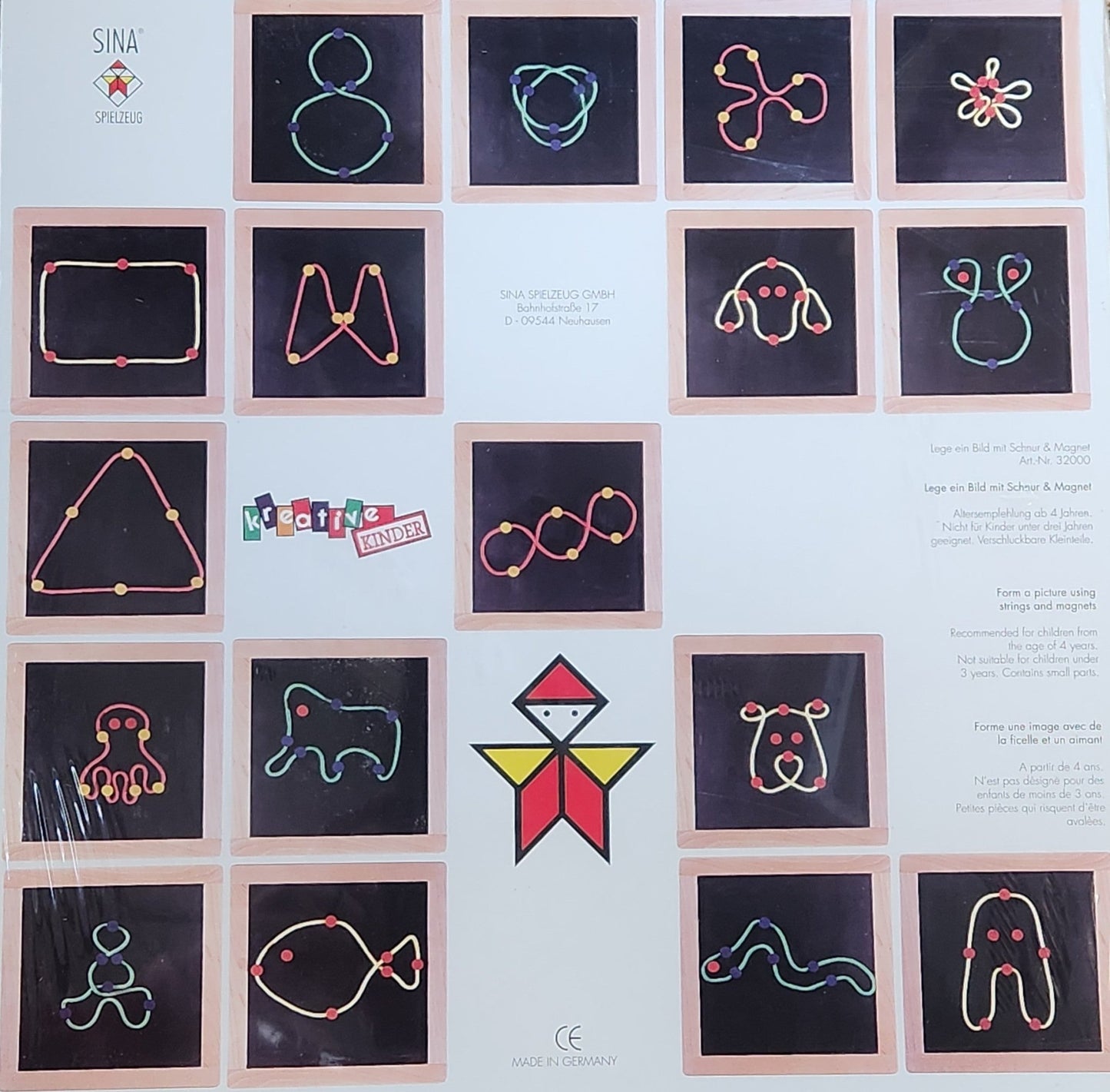 Back of Sina magnet game showing various shapes on a framed black surface