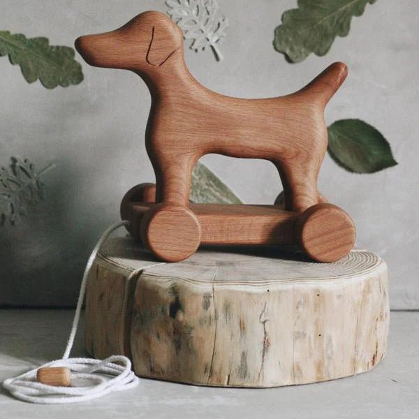 Wooden dog pull toy on a wooden base with leaves in the background
